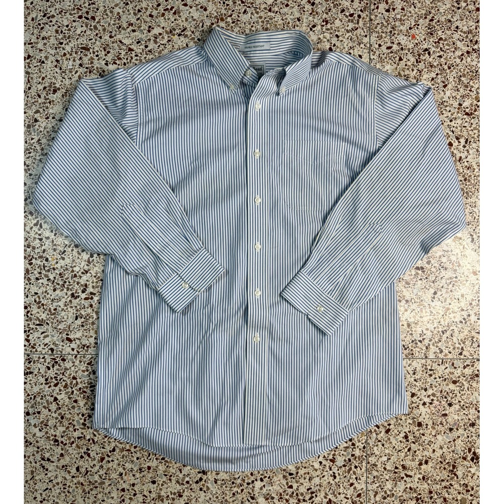 LL Bean Mens Blue White Striped Wrinkle Resistant‎ Button Down Shirt 15.5-33